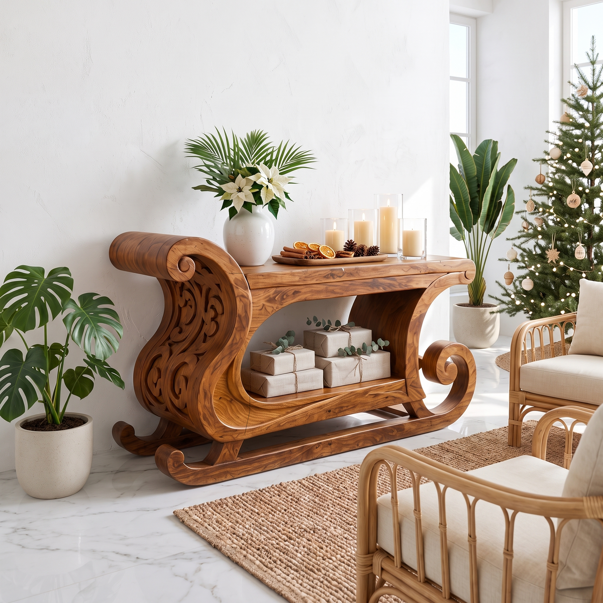 Rustic Christmas Console Table With Carved Sleigh Design For Living Room