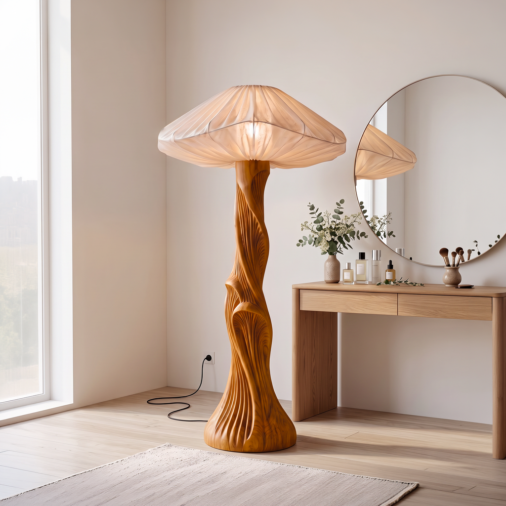 Contemporary Floor Lamp Carved Wood Mushroom Shade Pedestal Lounge