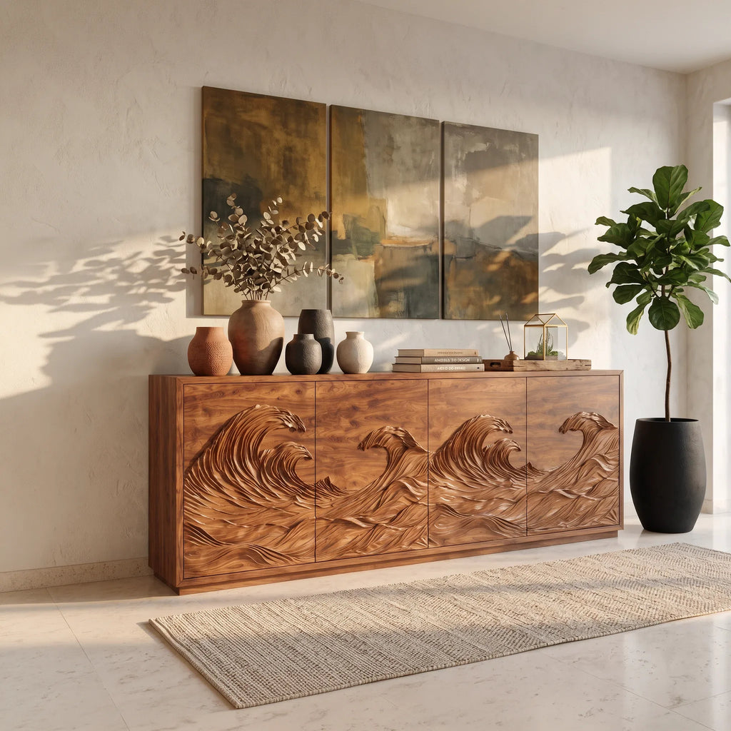 Contemporary Sideboard Sculptural Wave Relief Carved Doors For Entryway