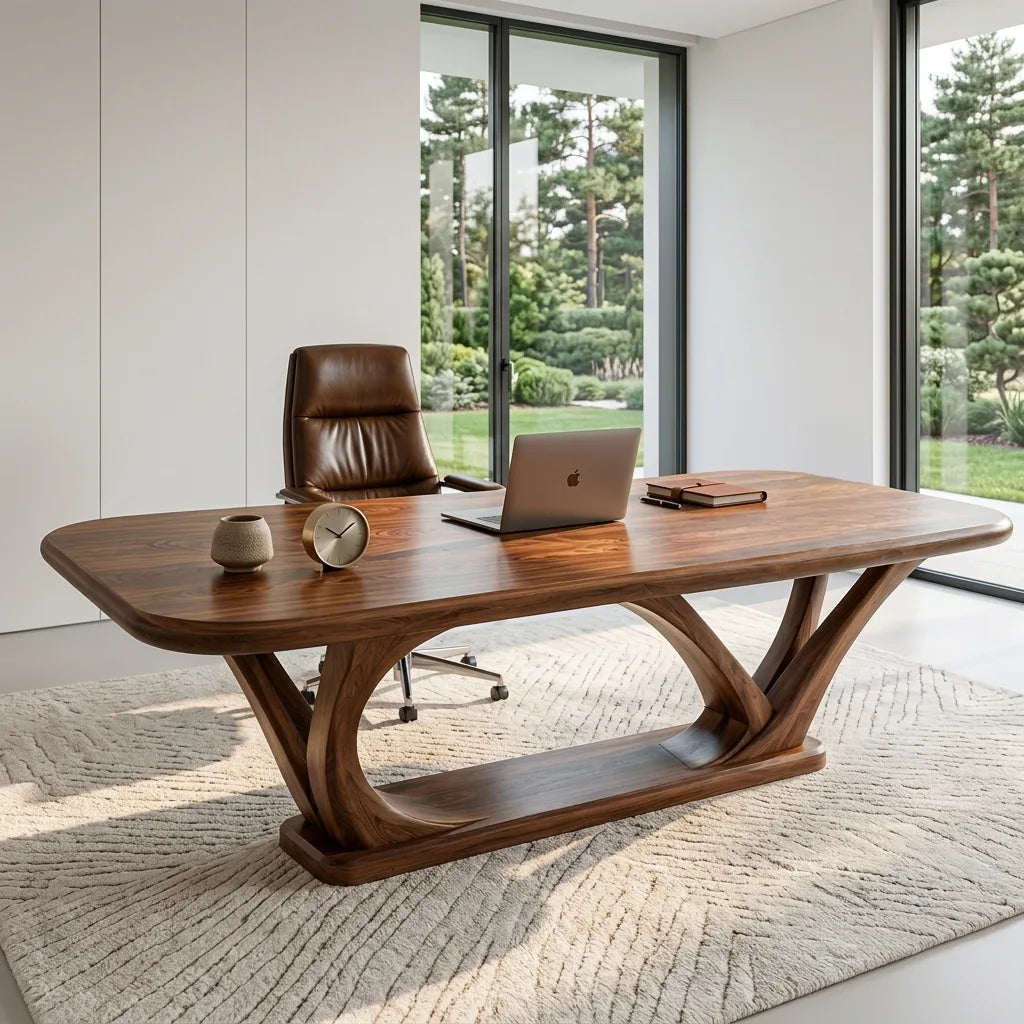 Contemporary Wooden Desk With Sculptural Leg Base For Workspace
