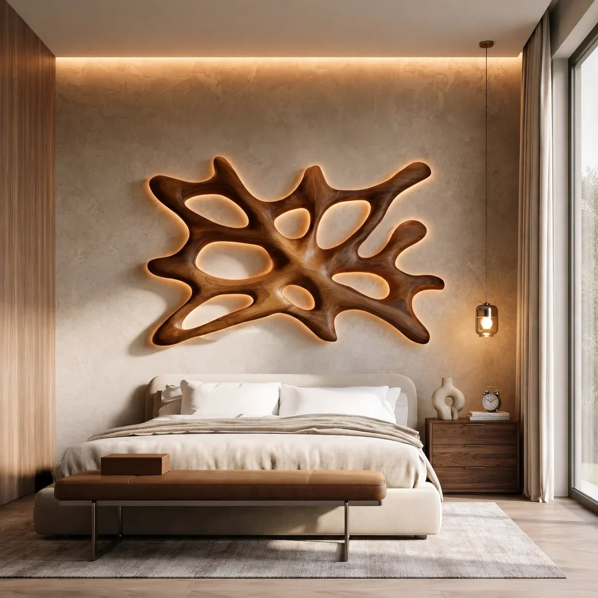 Organic Sculptural Wood Wall Sconce Abstract Form For Luxury Bedroom