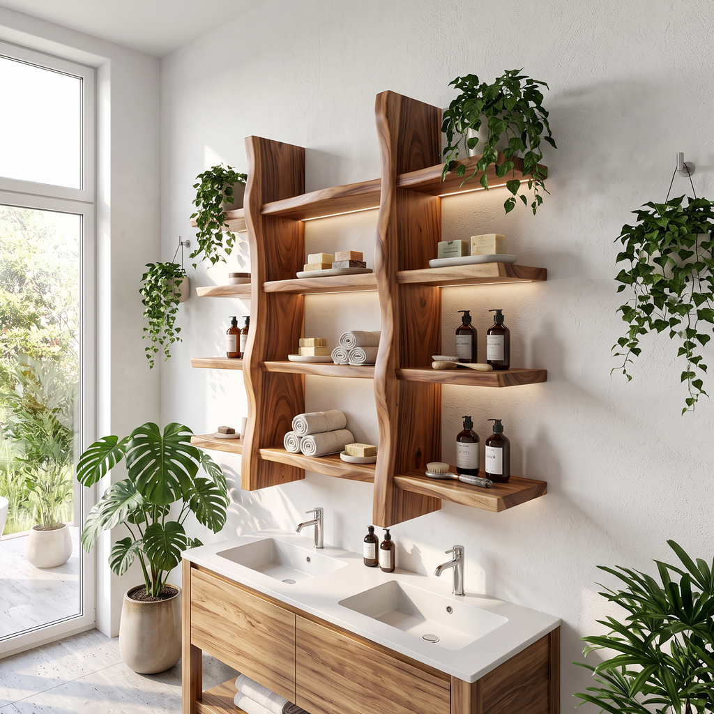 Rustic Organic Wood Shelves For Spa Bathroom