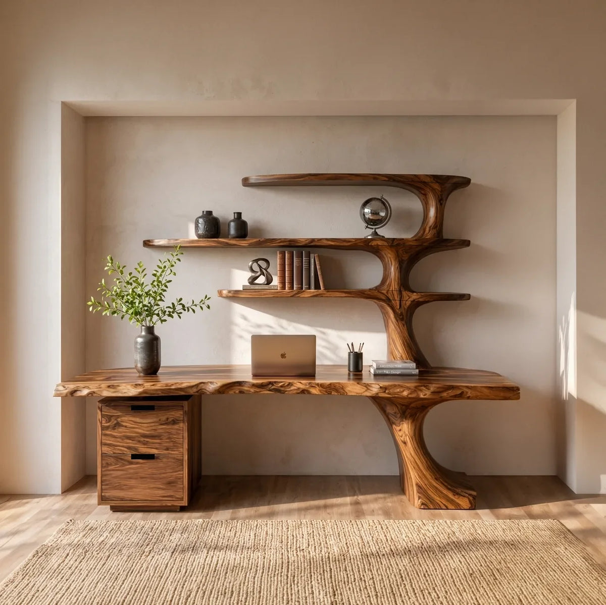 Contemporary Wooden Desk With Tree Form Bookcase For Home Office