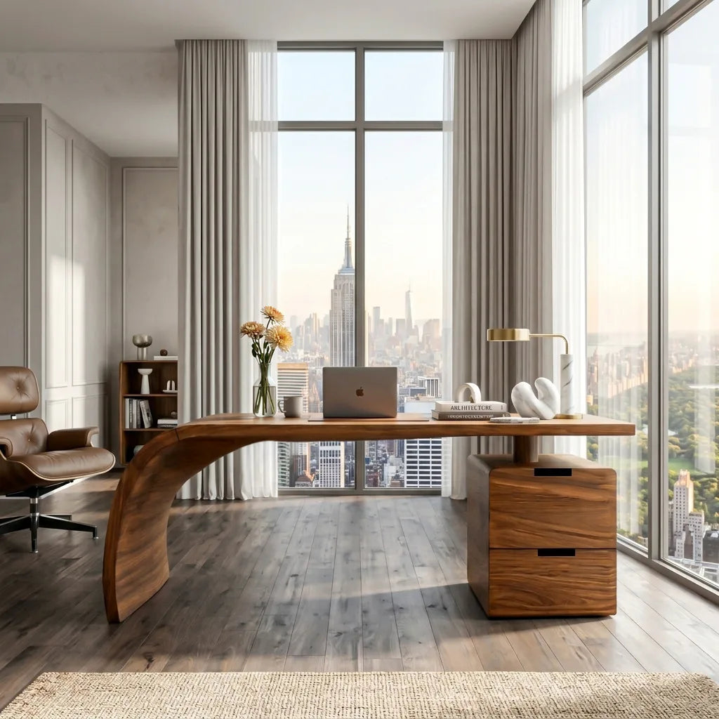 Contemporary Wooden Desk With Curved Waterfall Base For Home Office