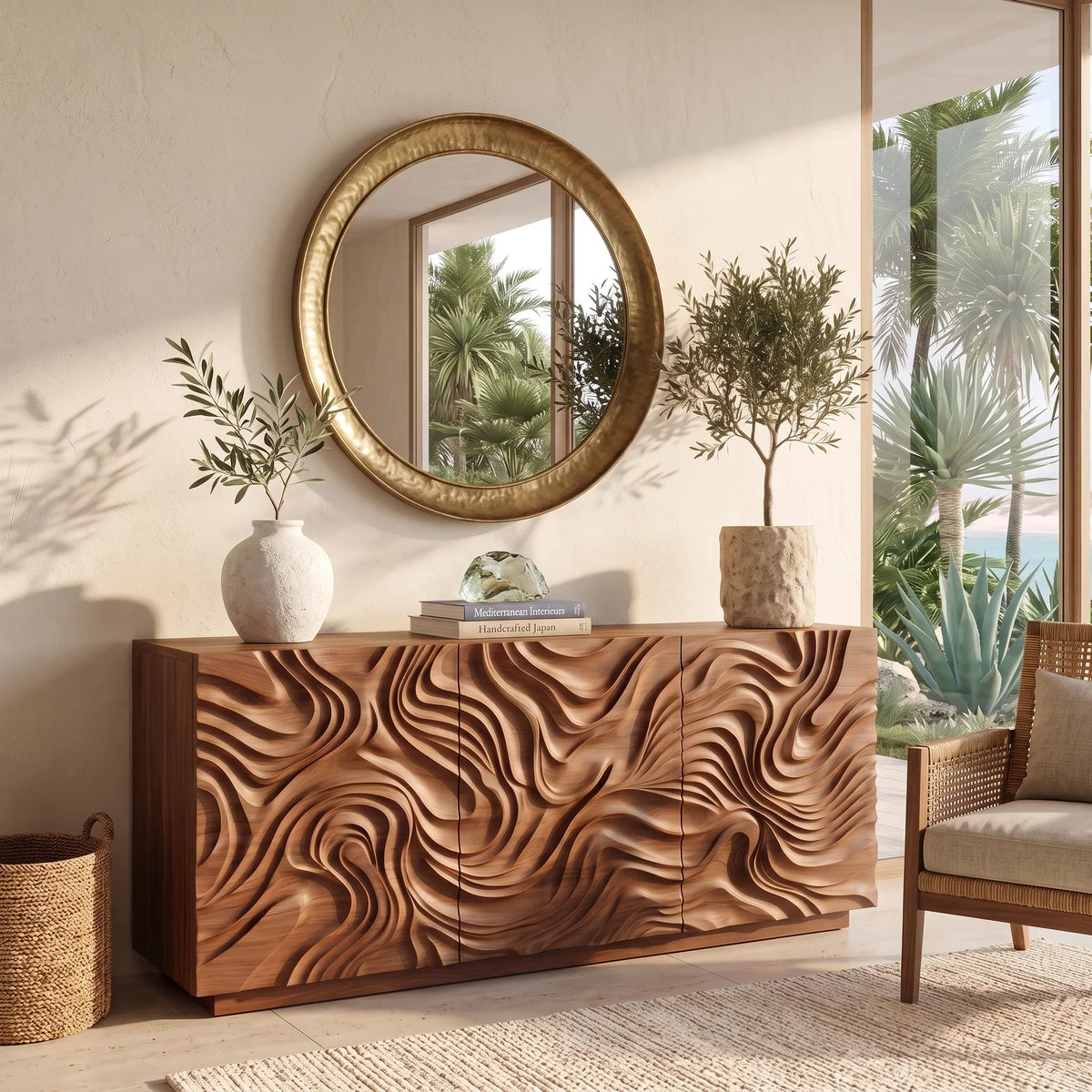 Contemporary Sideboard Sculptural Crest Carved Doors For Modern Living Room