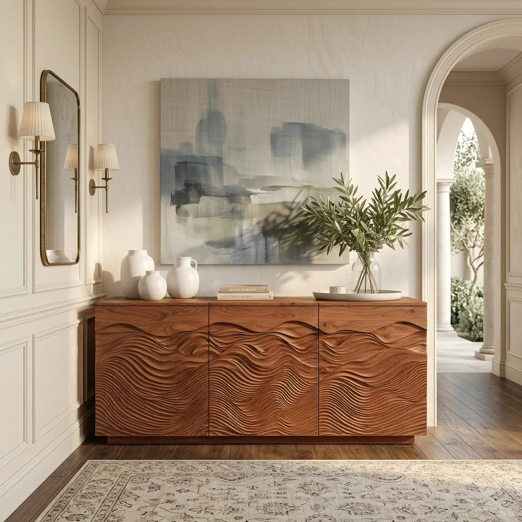 Modern Sideboard Flowing Wave Carved Doors For Luxury Living Room