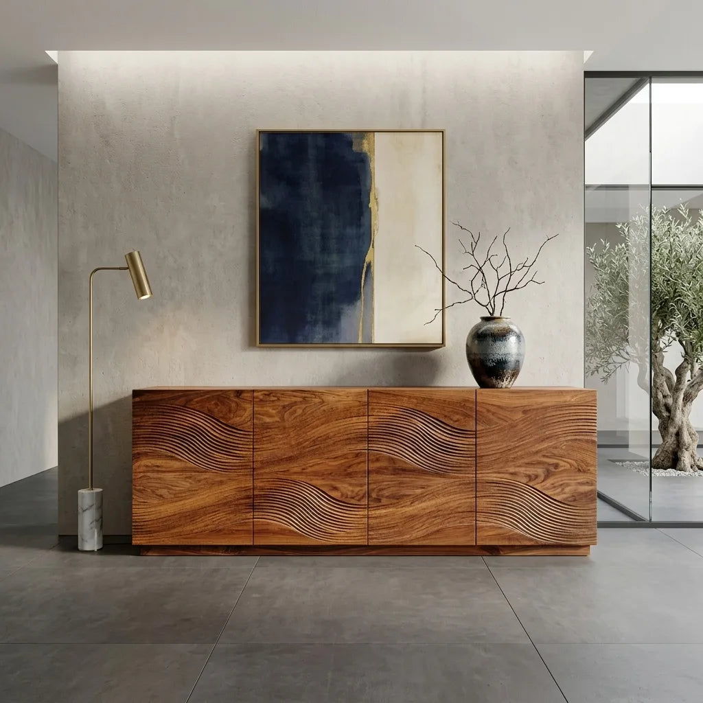 Organic Linear Wave Carved Sideboard For Dining Room