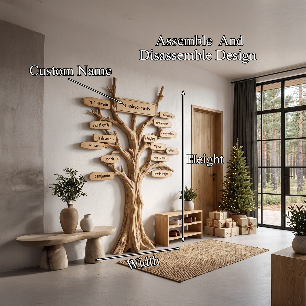 Contemporary Family Tree Wall Art With Custom Name Plaques For Entryway And Foyer