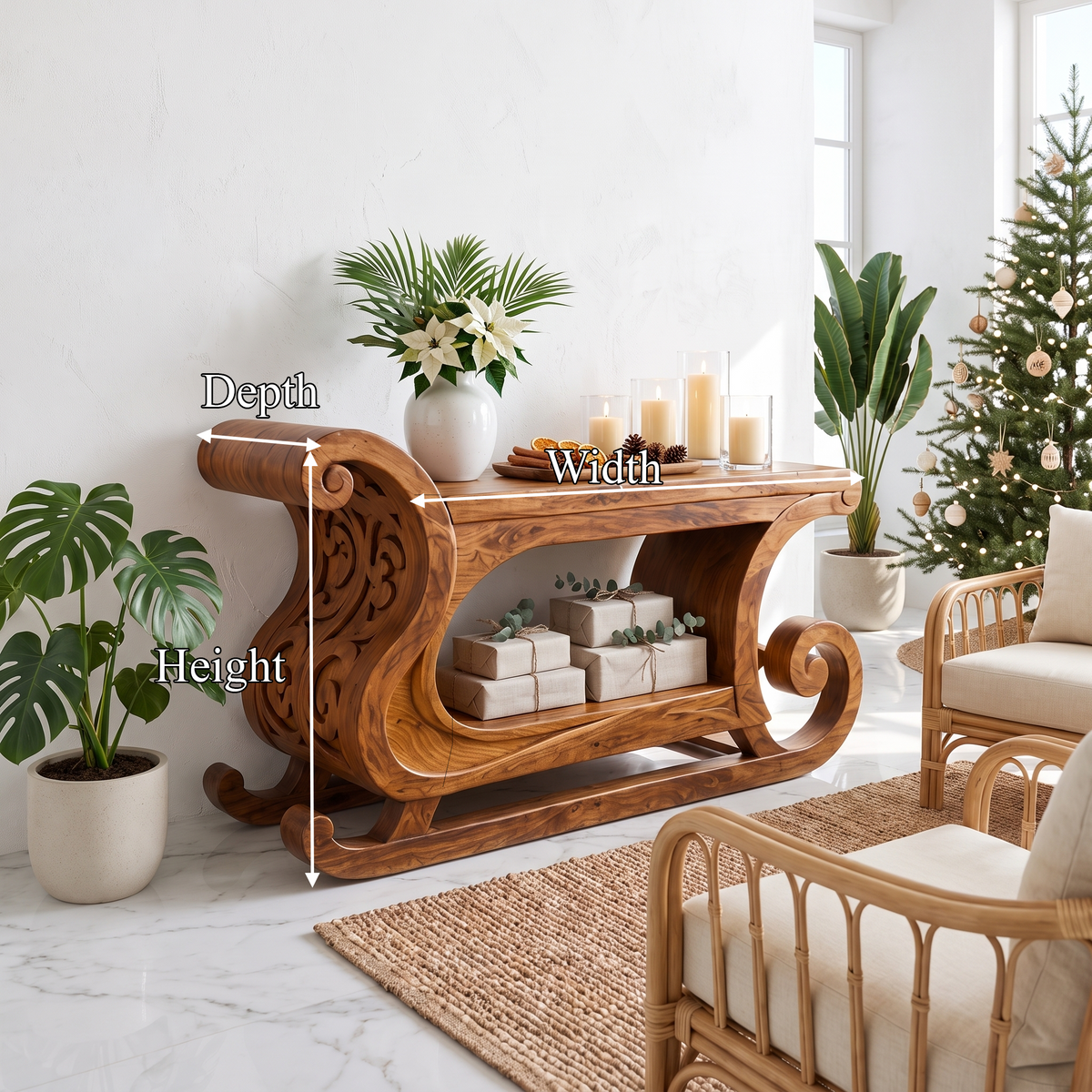Rustic Christmas Console Table With Carved Sleigh Design For Living Room