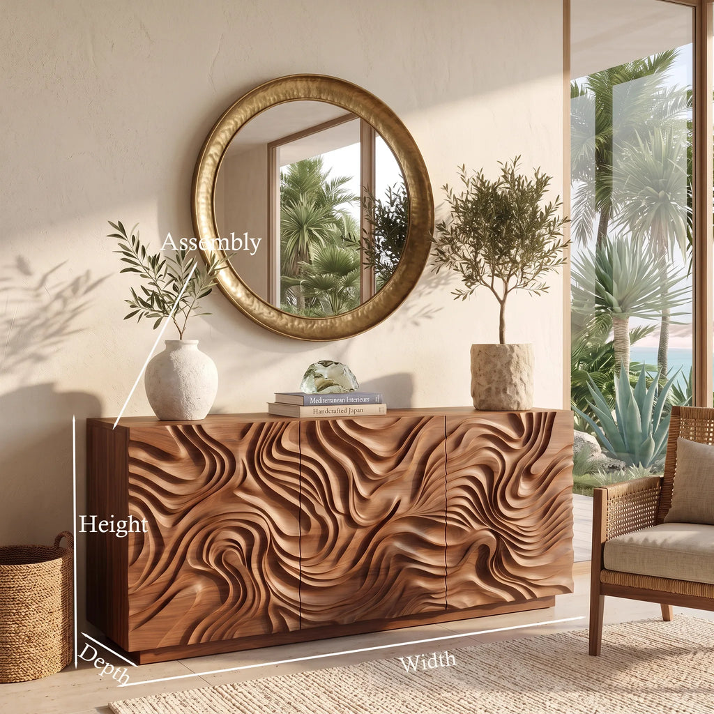 Contemporary Sideboard Sculptural Crest Carved Doors For Modern Living Room