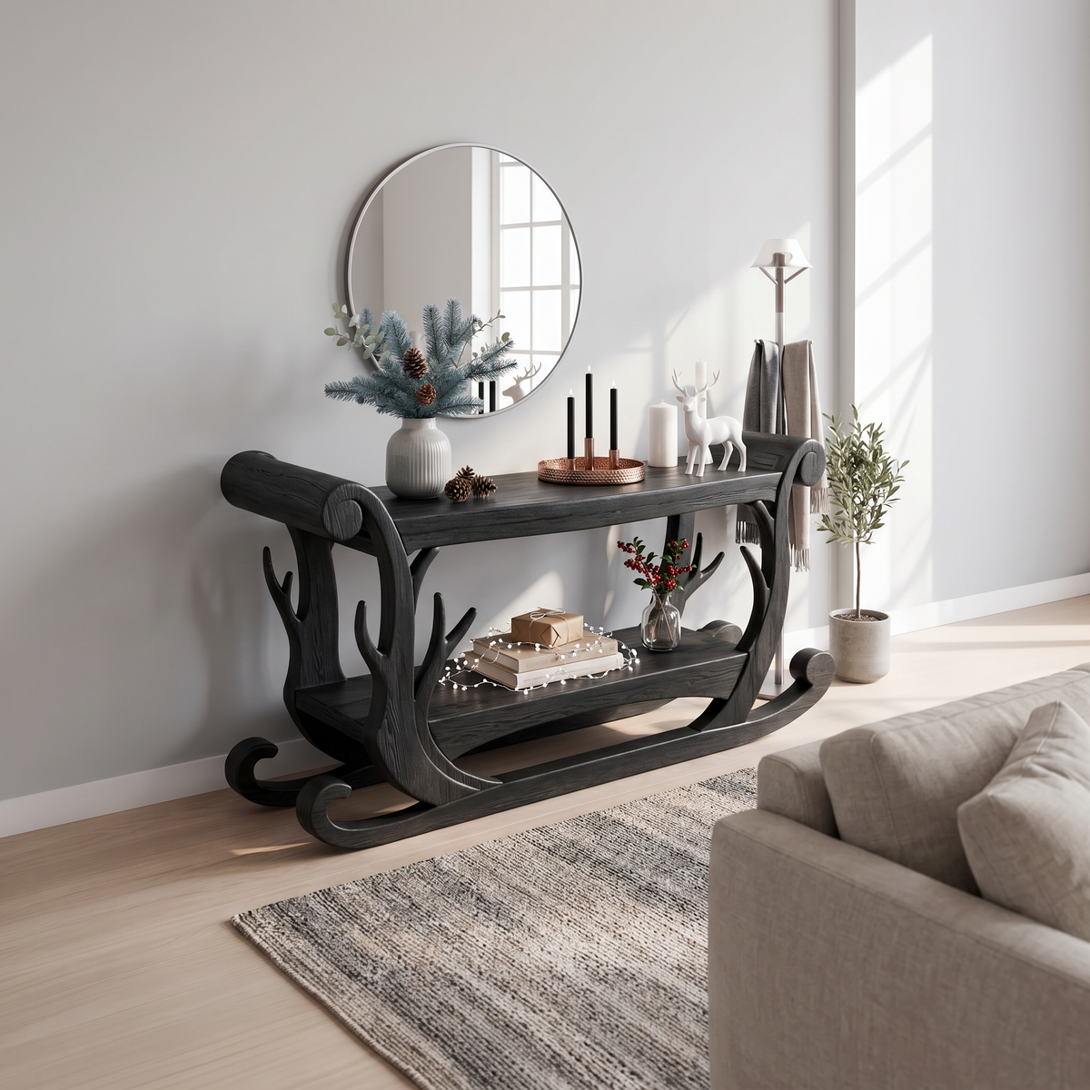 Rustic Console Table With Christmas Sleigh Inspired Design For Entryway And Hallway