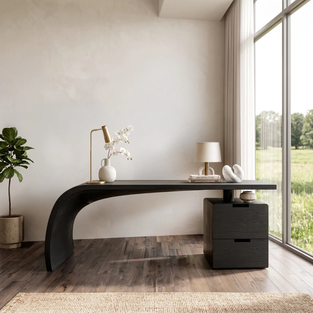 Contemporary Wooden Desk With Curved Waterfall Base For Home Office