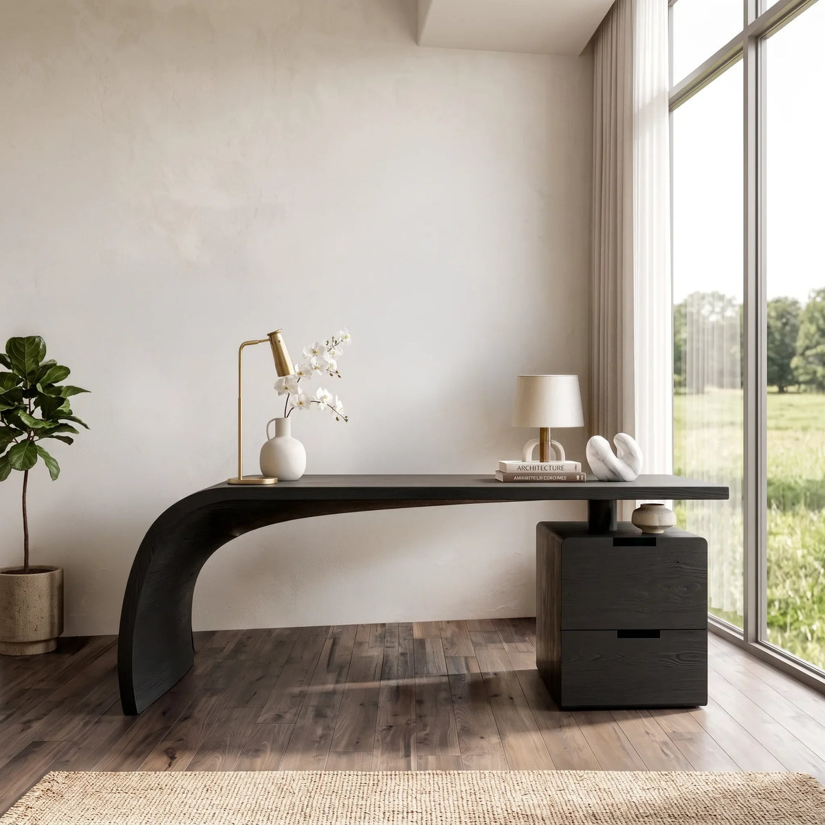 Contemporary Wooden Desk With Curved Waterfall Base For Home Office