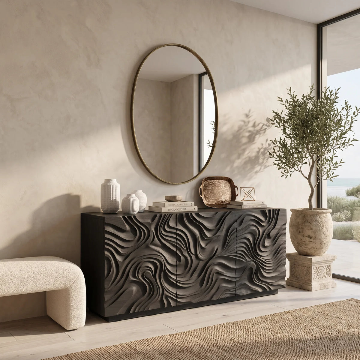 Contemporary Sideboard Sculptural Crest Carved Doors For Modern Living Room