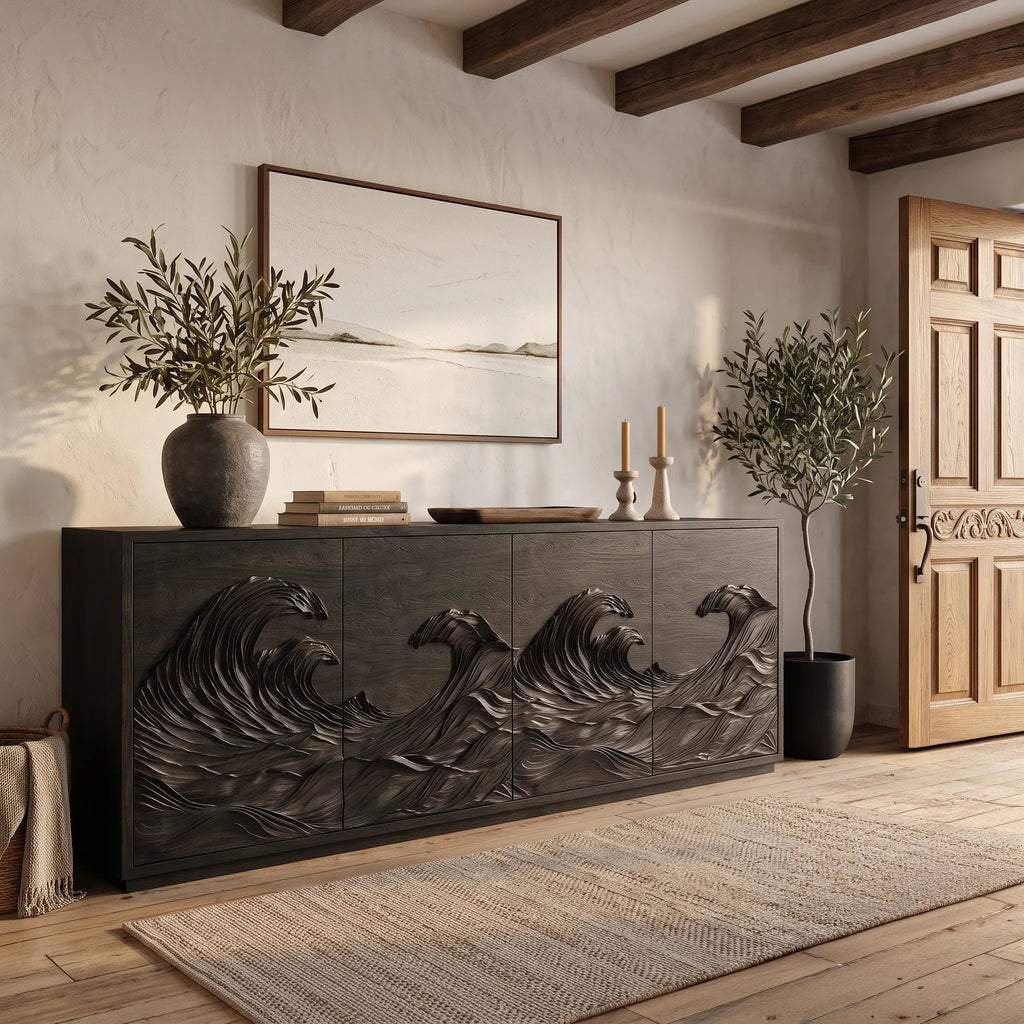 Contemporary Sideboard Sculptural Wave Relief Carved Doors For Entryway
