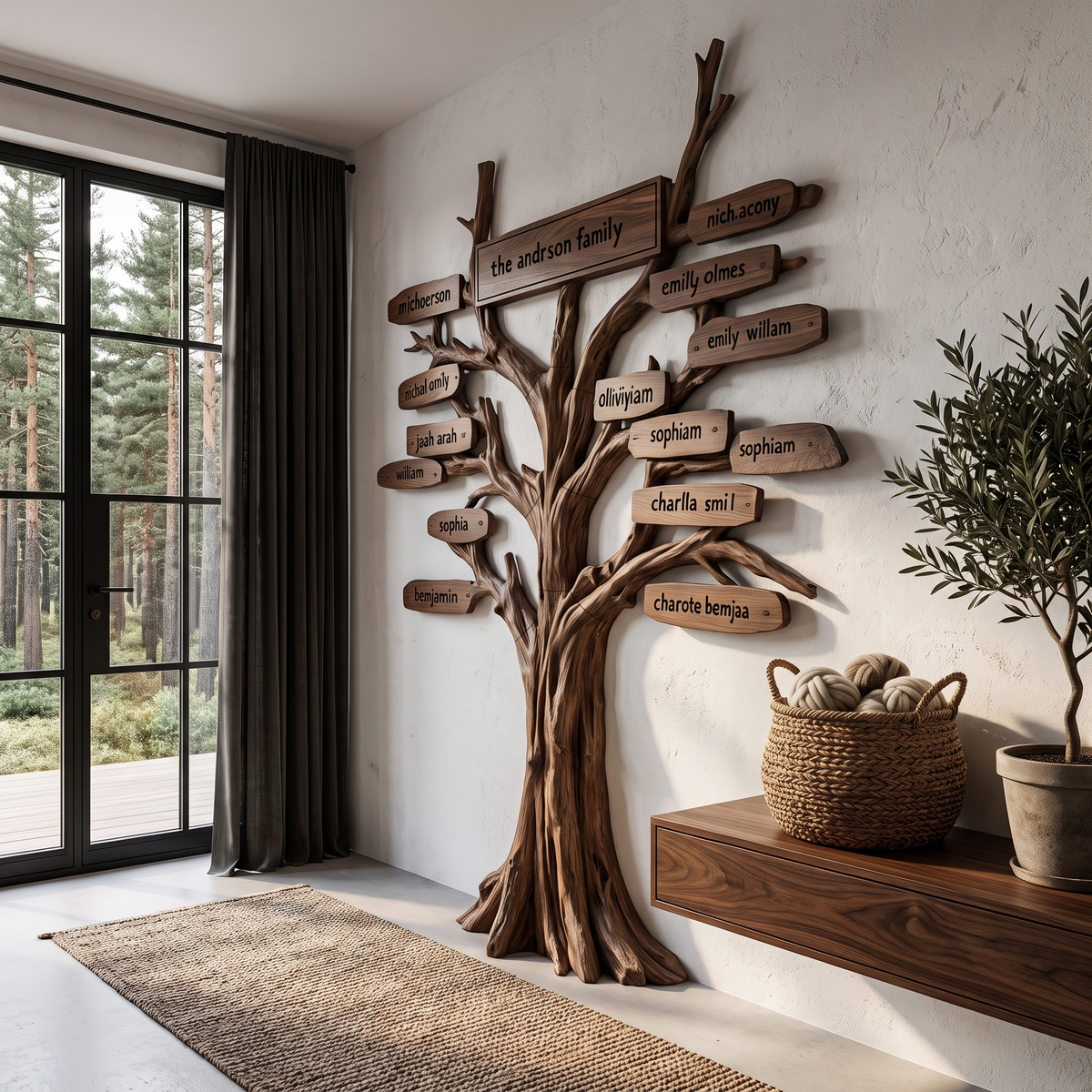Contemporary Family Tree Wall Art With Custom Name Plaques For Entryway And Foyer