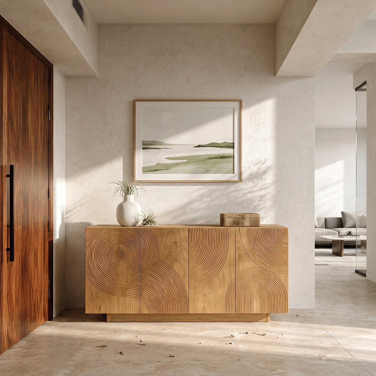 Contemporary Circular Ripple Carved Sideboard For Entryway