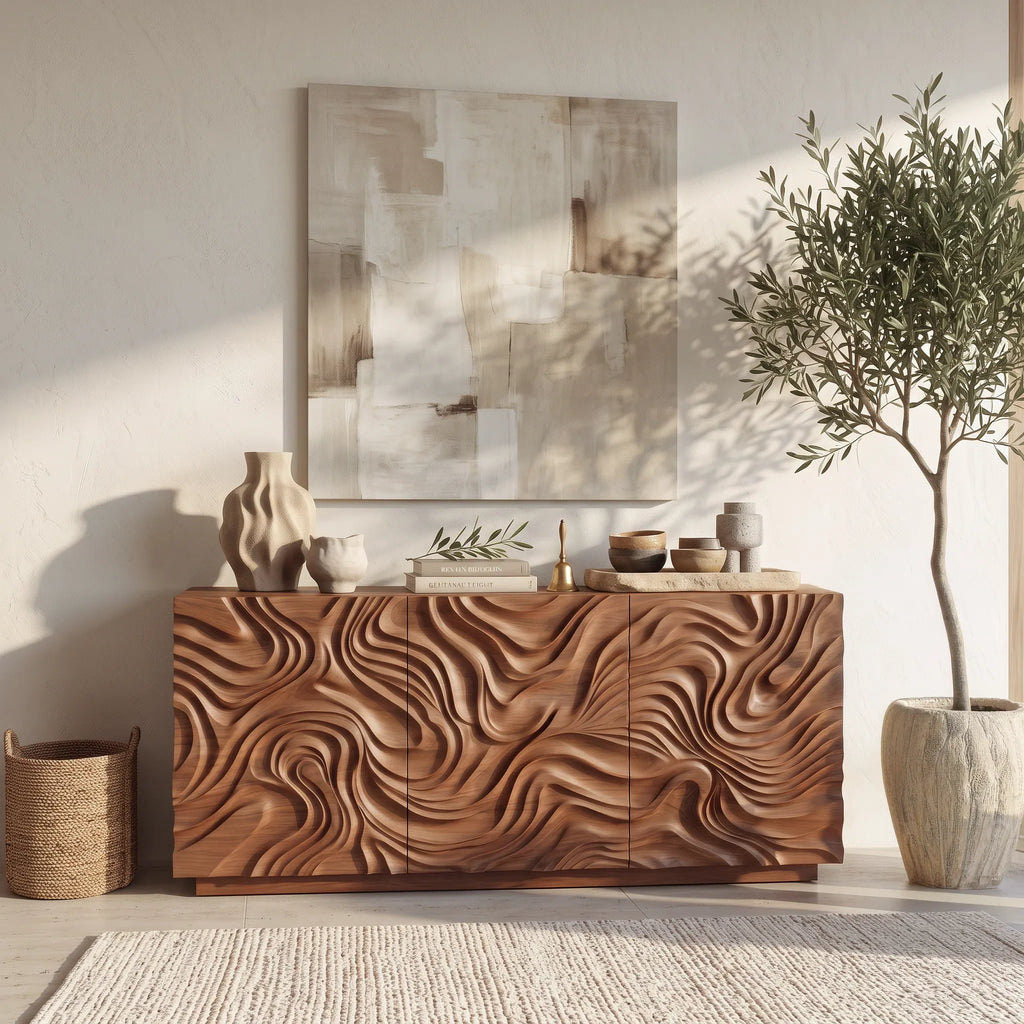 Contemporary Sideboard Sculptural Crest Carved Doors For Modern Living Room