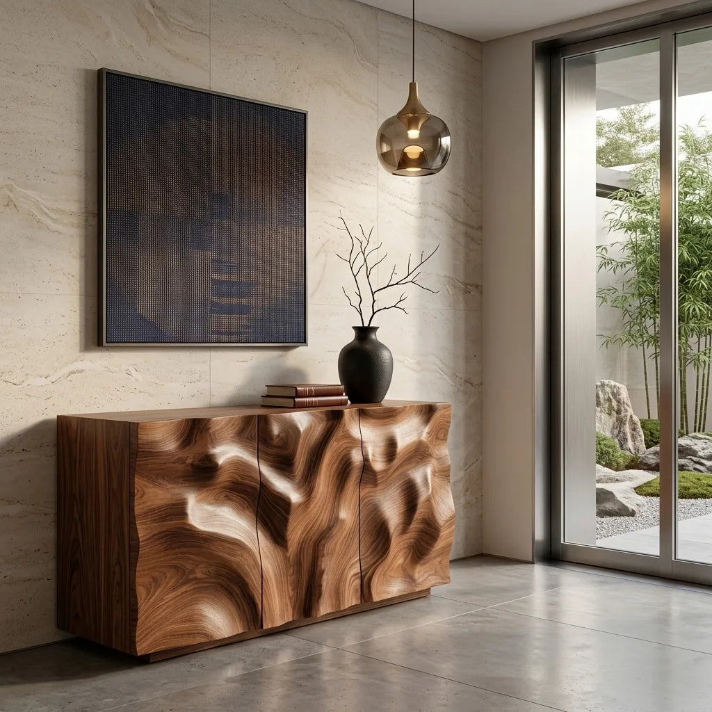 Contemporary Sculptural Relief Wood Sideboard For Home