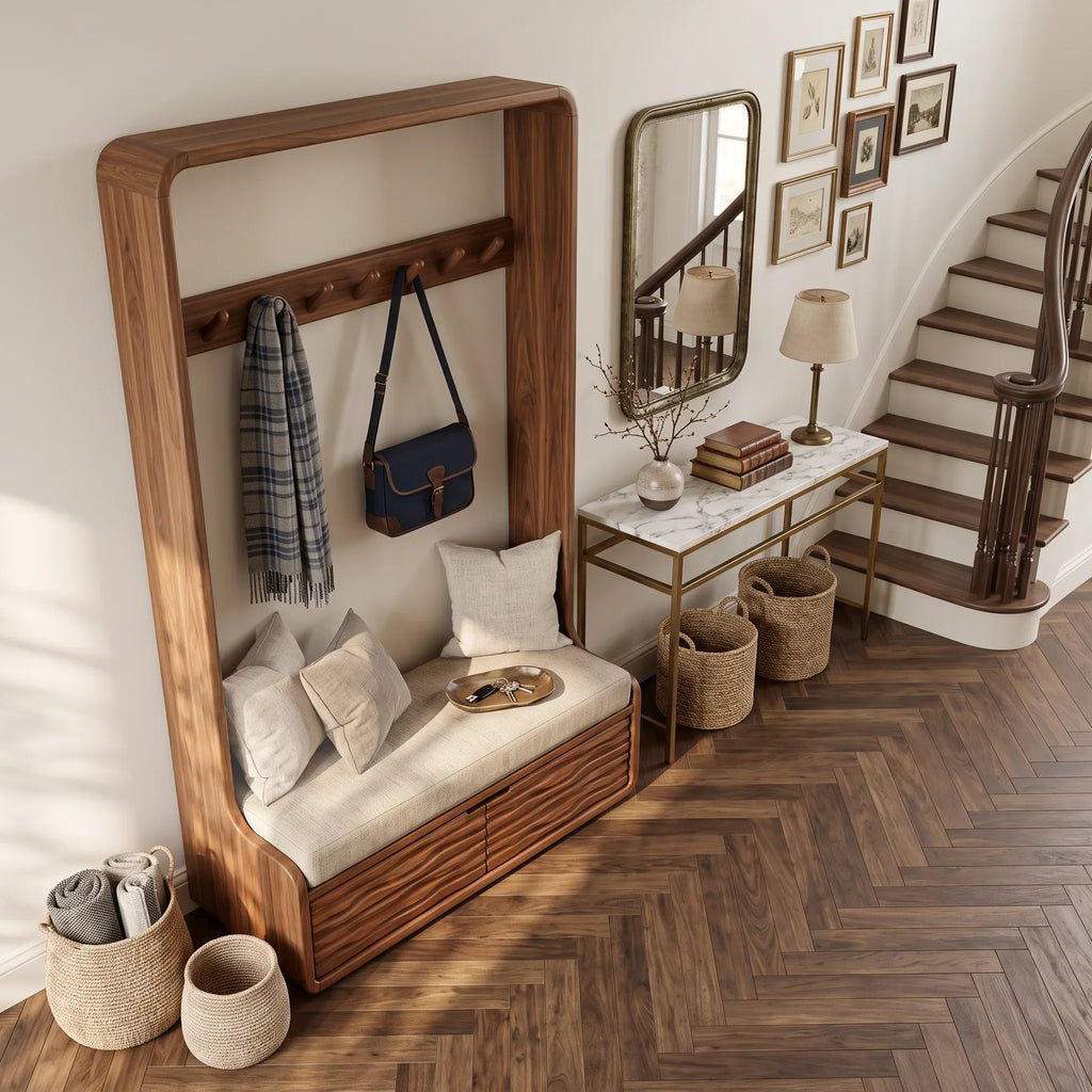 Modern Storage Bench With Coat Rack And Shelving For Home