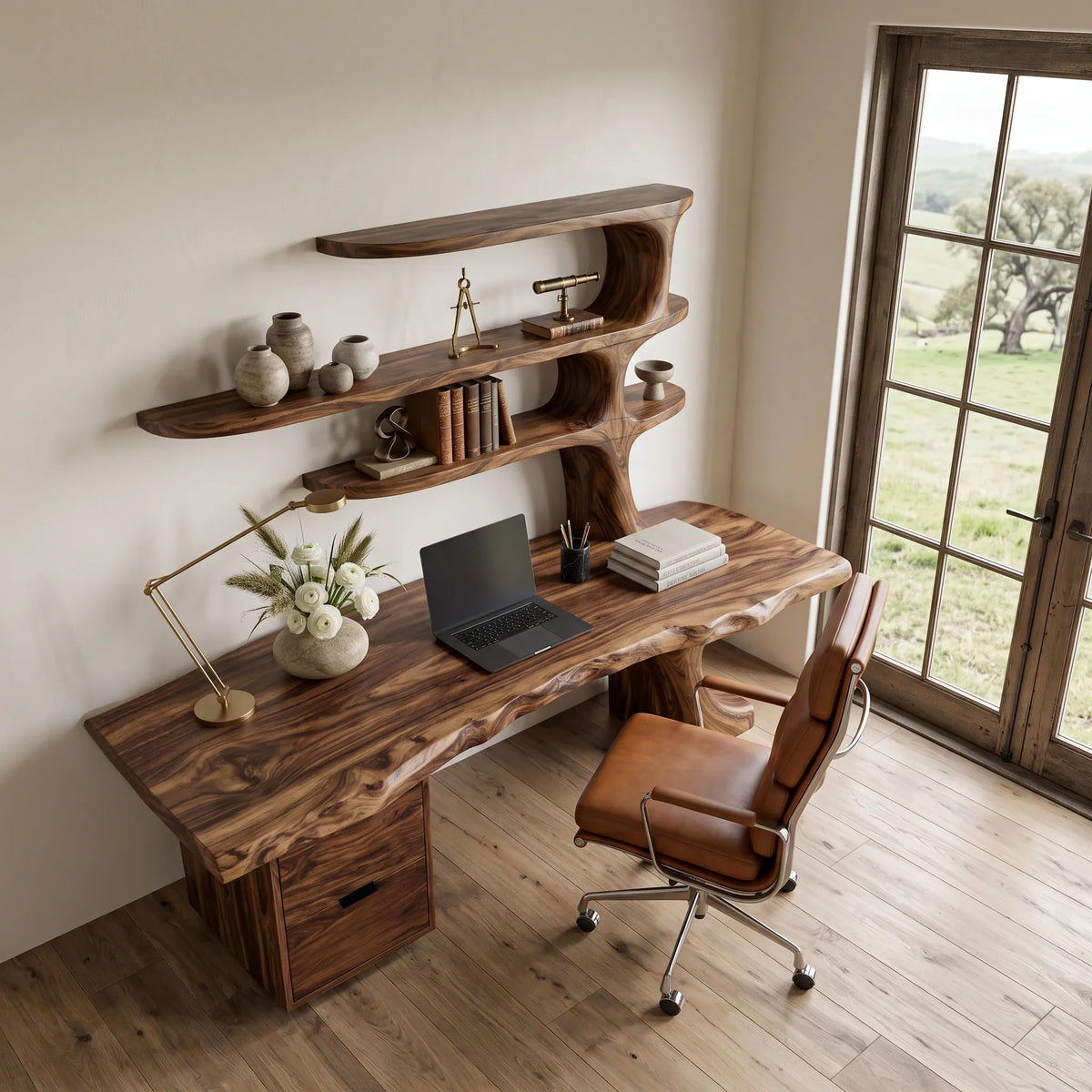 Contemporary Wooden Desk With Tree Form Bookcase For Home Office