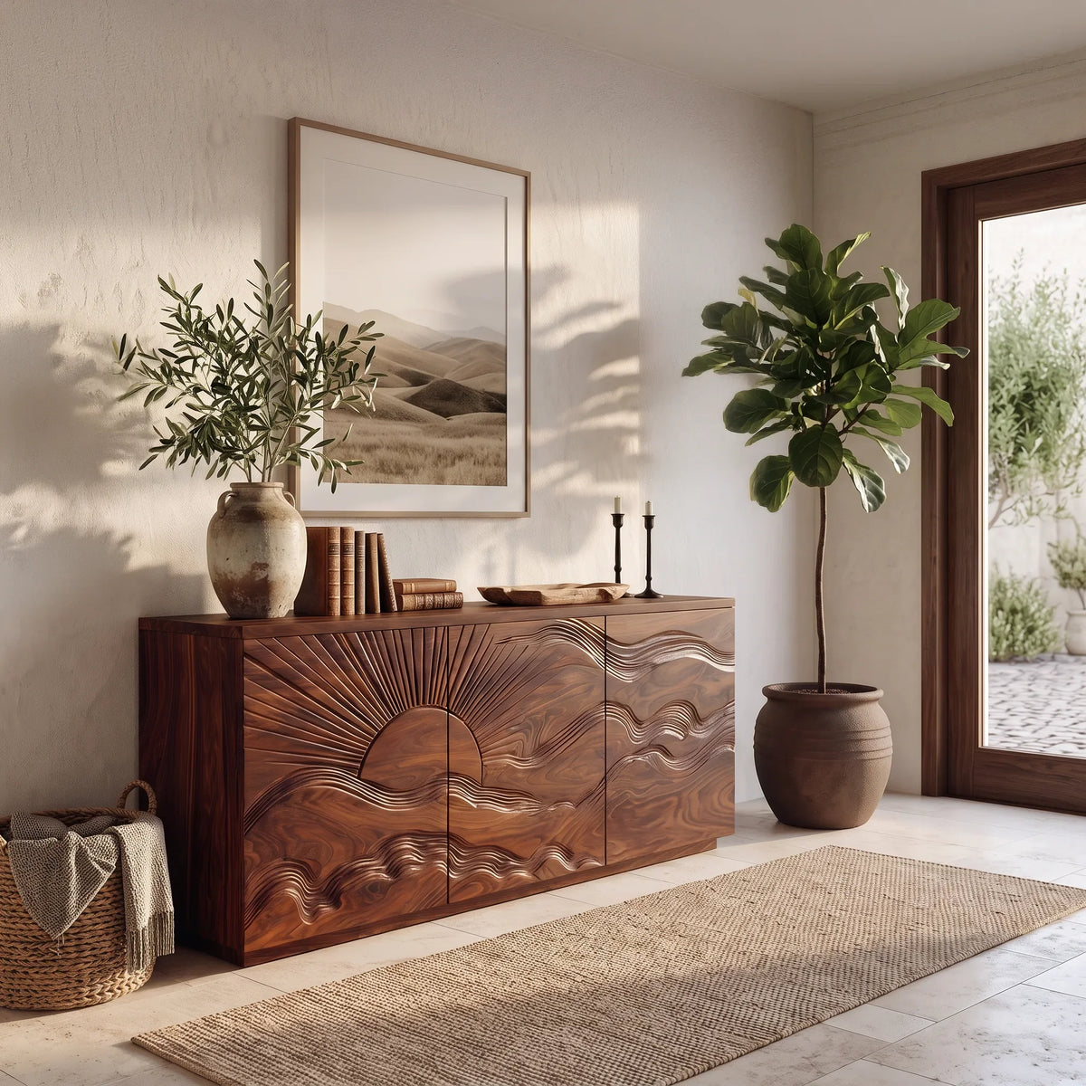 Modern Sideboard Rising Sun Flowing Line Carved Doors For Entryway