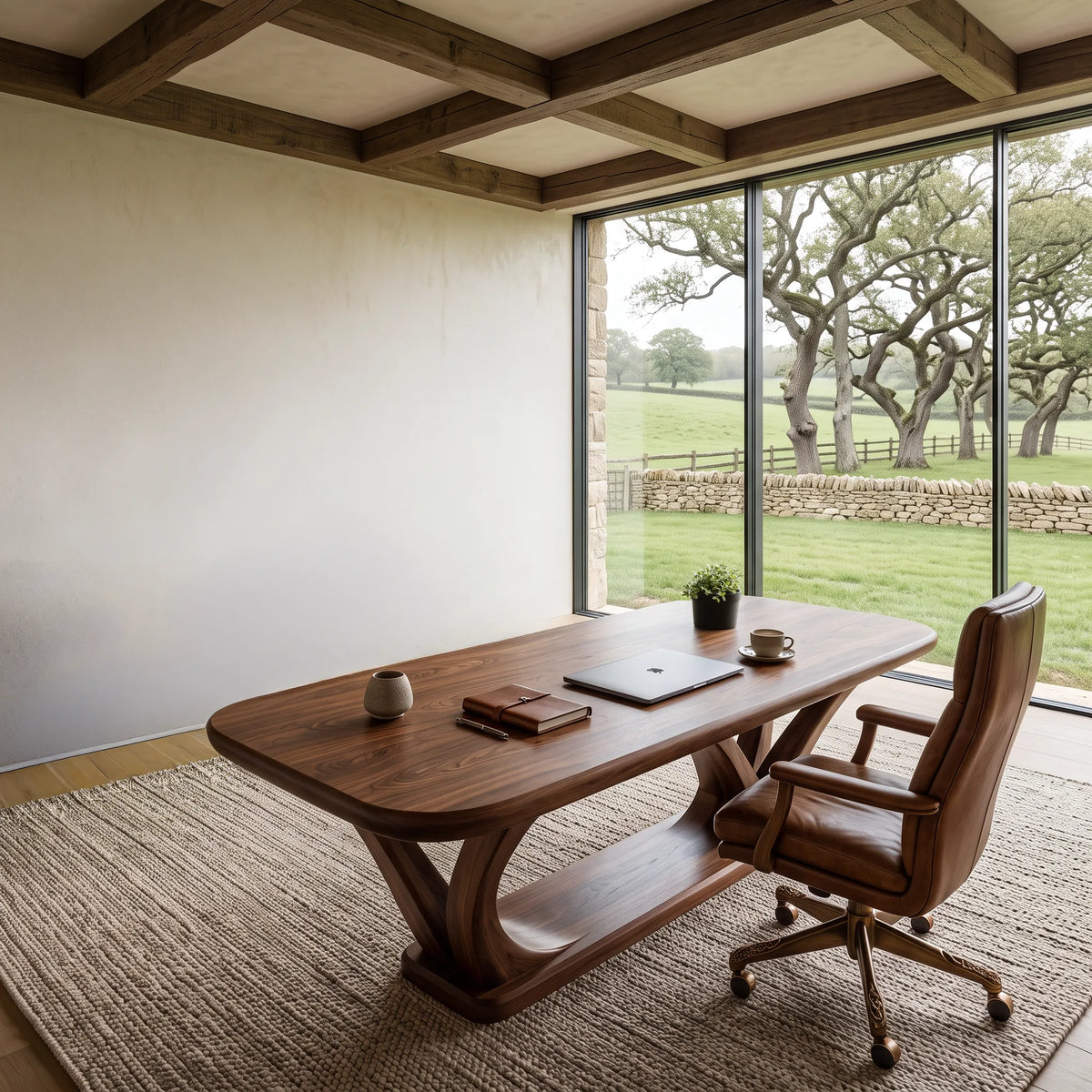 Contemporary Wooden Desk With Sculptural Leg Base For Workspace