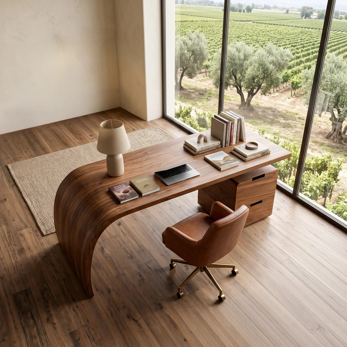 Contemporary Wooden Desk With Curved Waterfall Base For Home Office