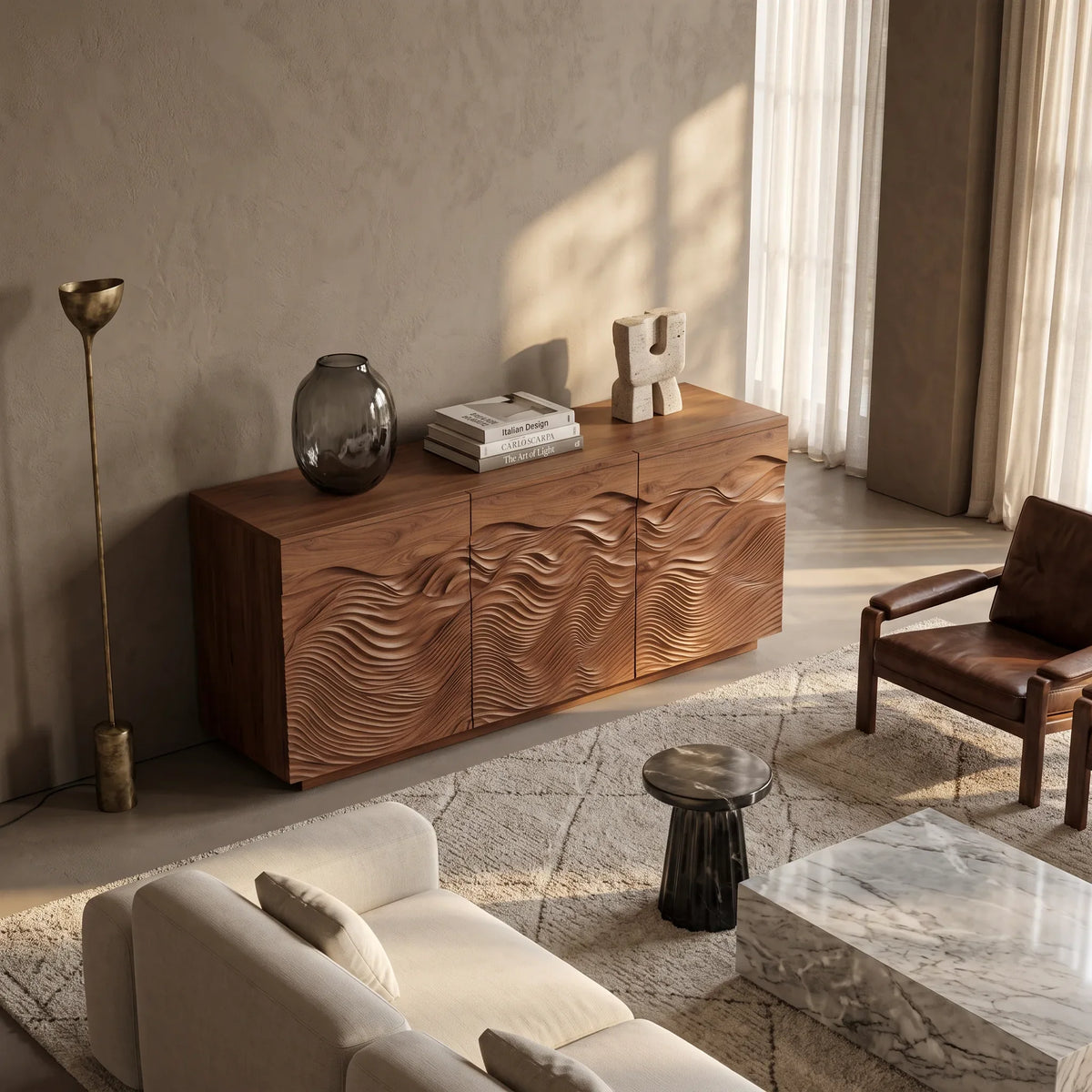 Modern Sideboard Flowing Wave Carved Doors For Luxury Living Room