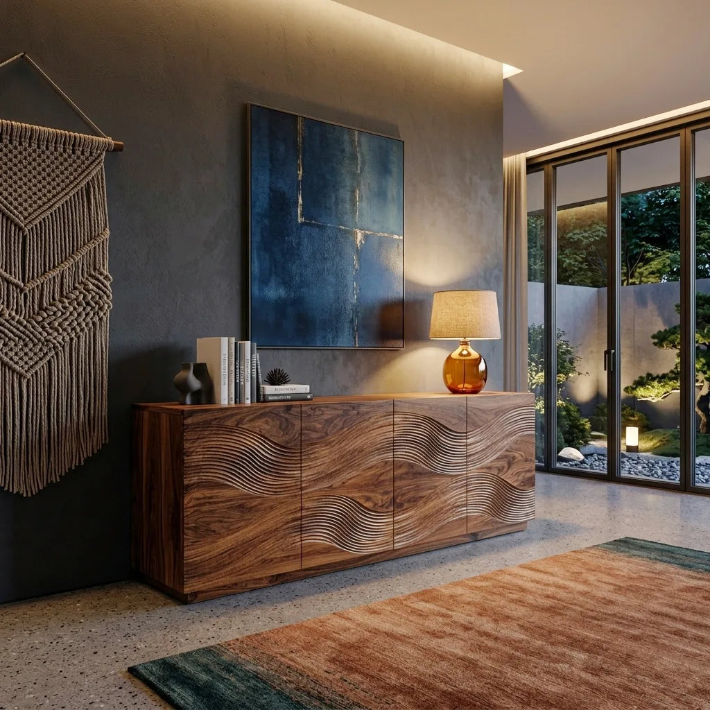 Organic Linear Wave Carved Sideboard For Dining Room