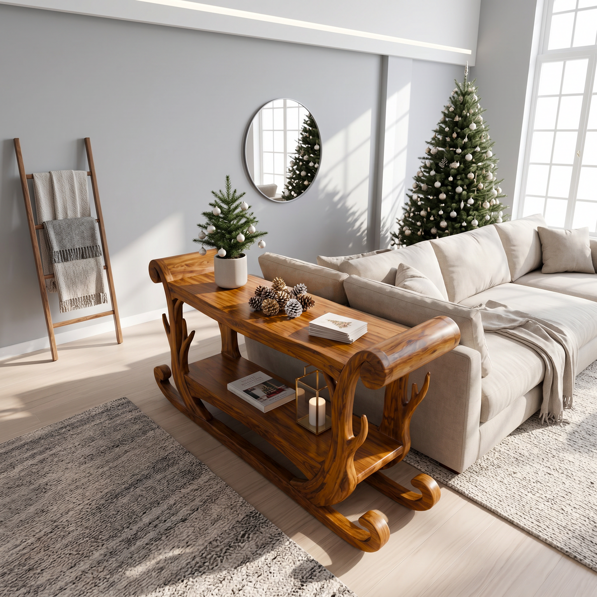 Rustic Console Table With Christmas Sleigh Inspired Design For Entryway And Hallway