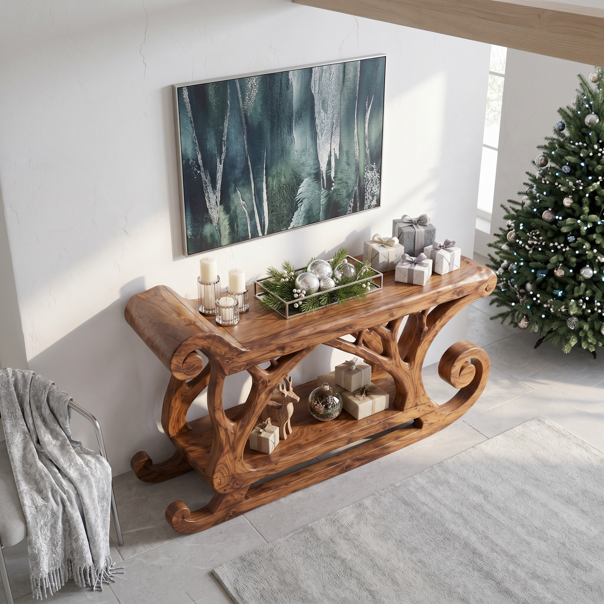 Rustic Christmas Console Table With Reindeer Sleigh Design For Entryway