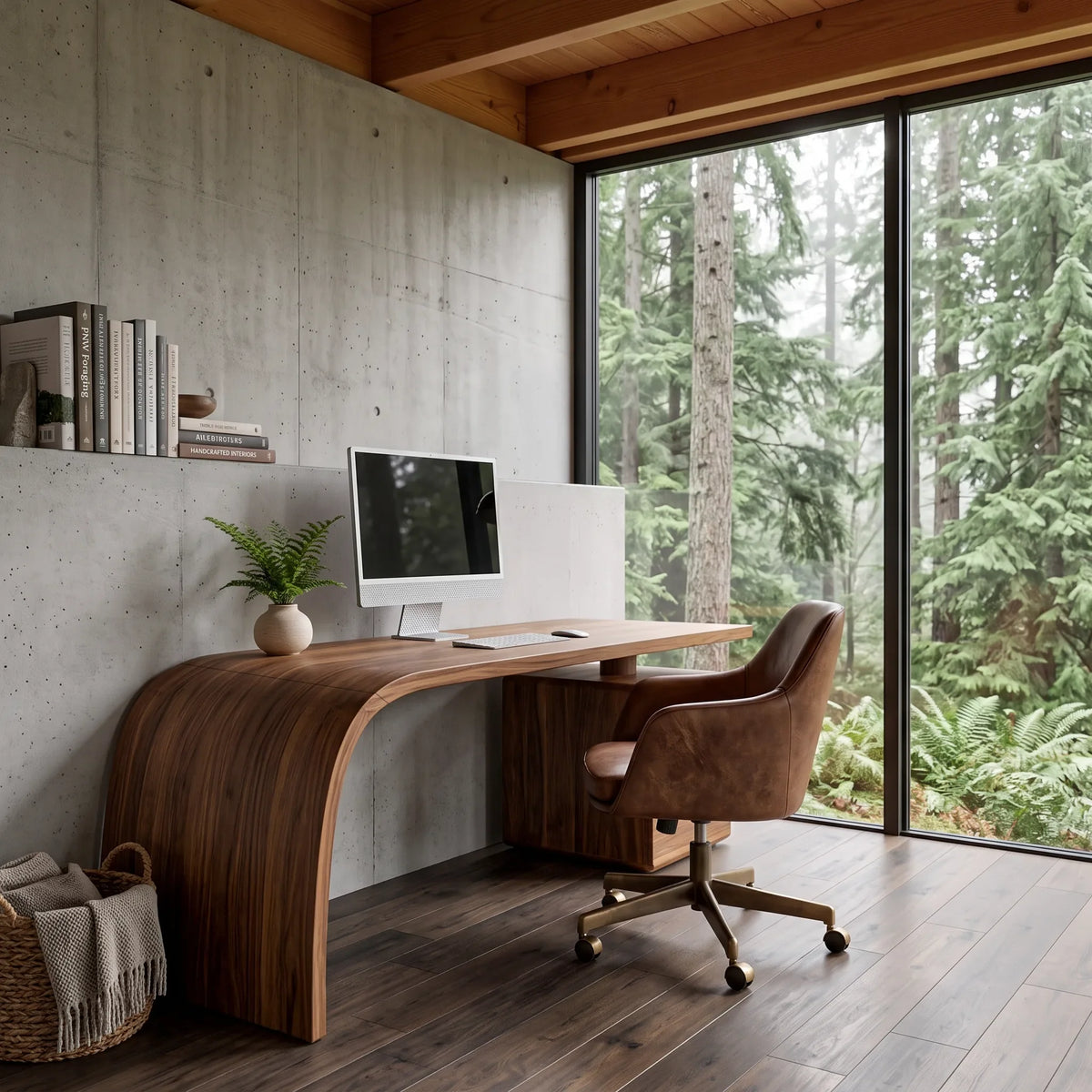 Contemporary Wooden Desk With Curved Waterfall Base For Home Office