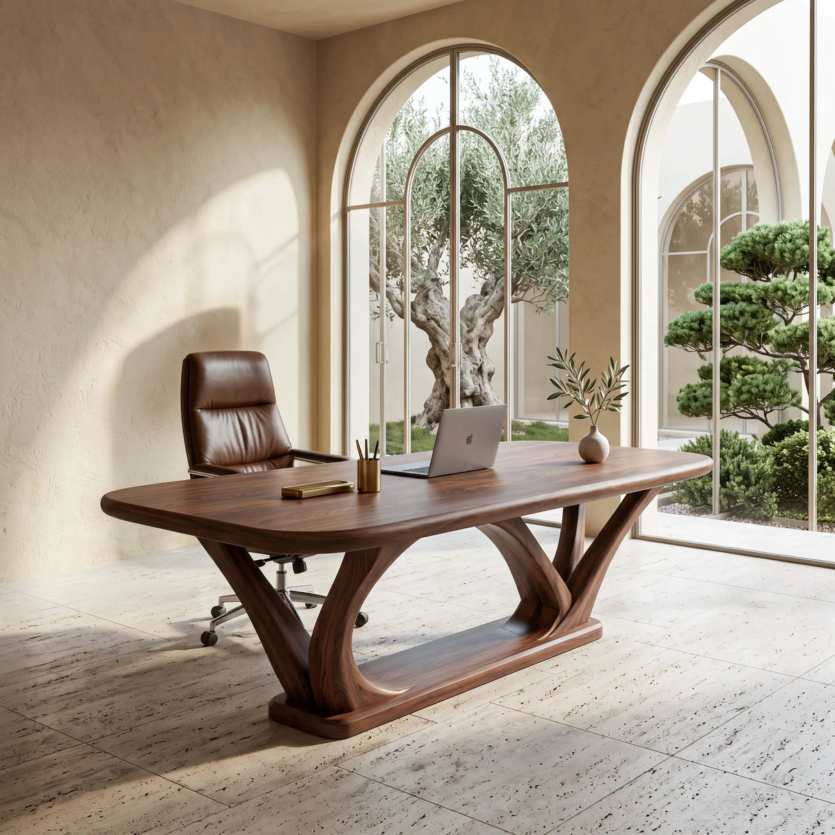 Contemporary Wooden Desk With Sculptural Leg Base For Workspace
