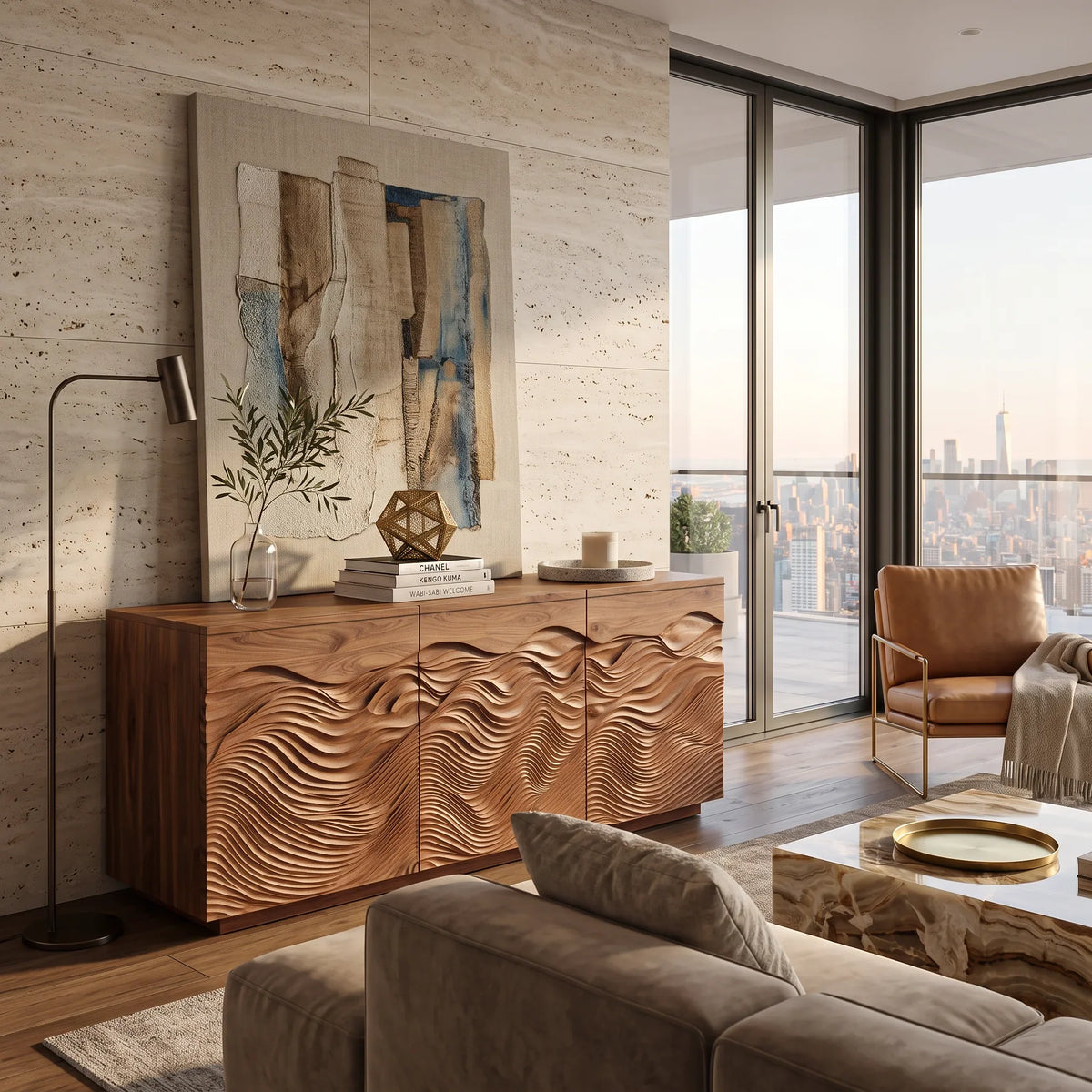 Modern Sideboard Flowing Wave Carved Doors For Luxury Living Room