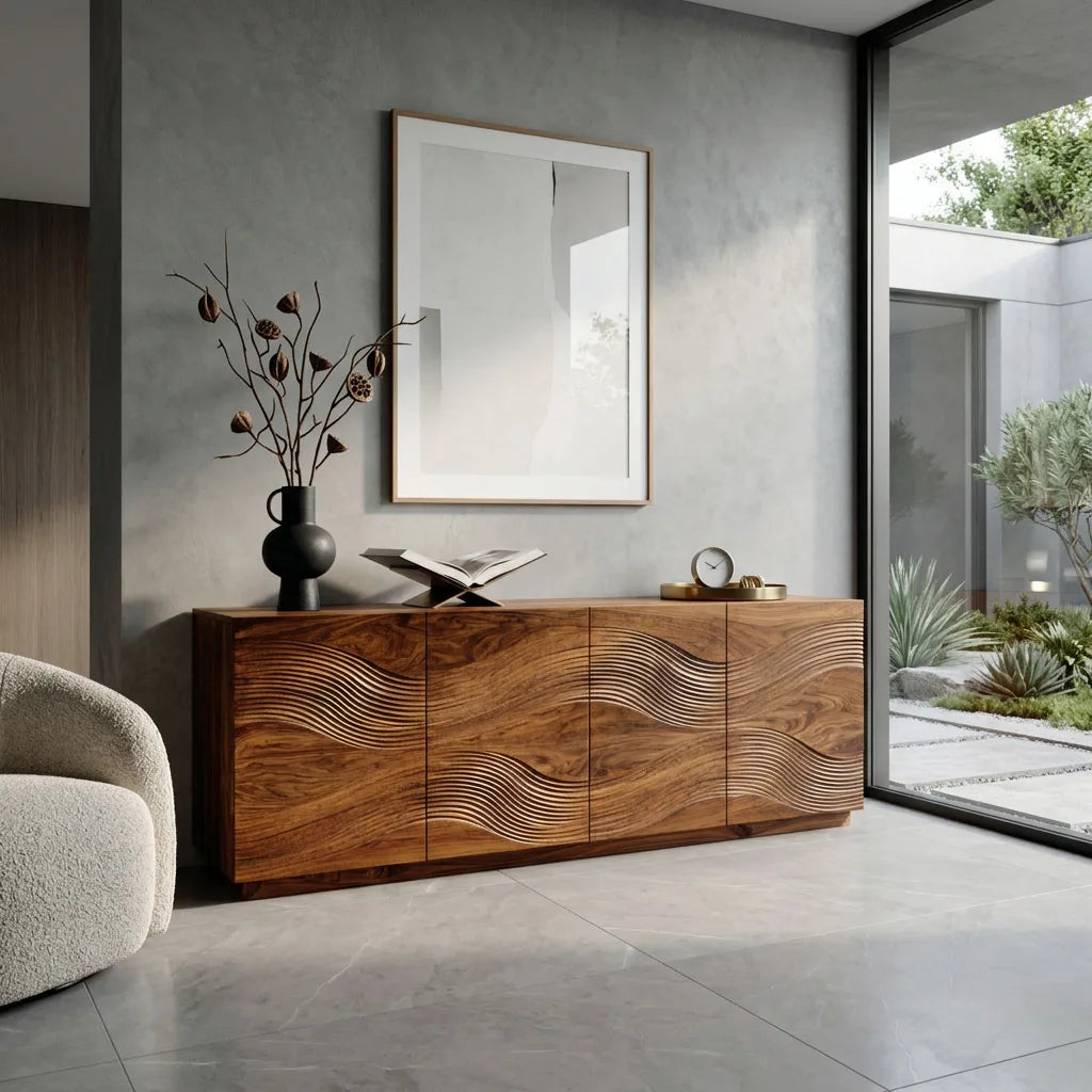 Organic Linear Wave Carved Sideboard For Dining Room