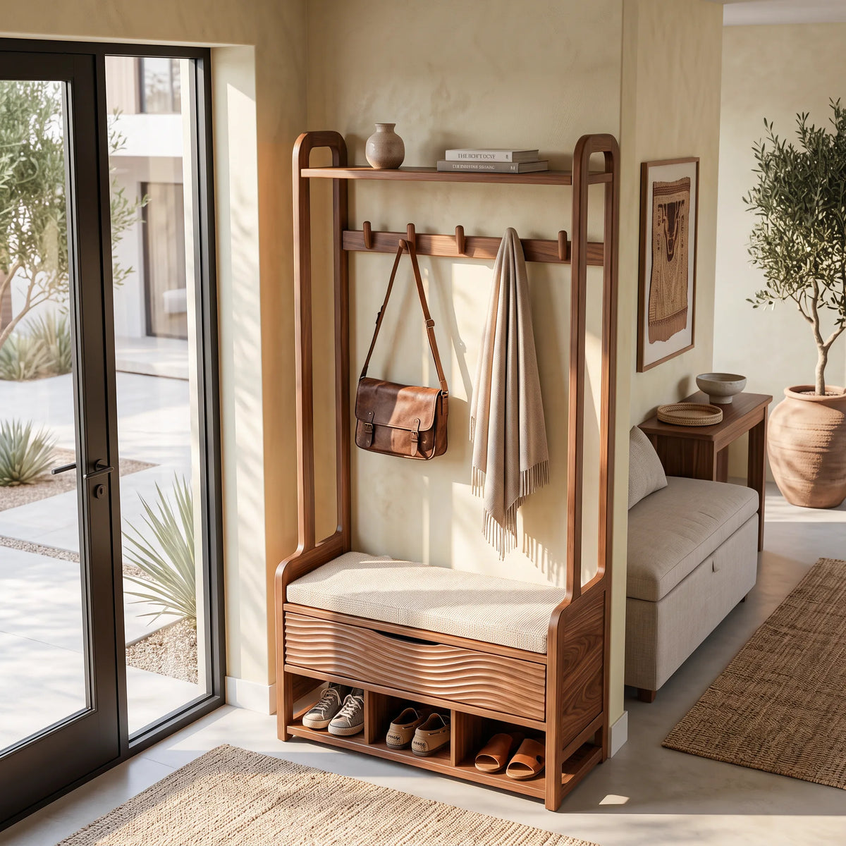 Modern Storage Bench With Hall Tree For Living Room