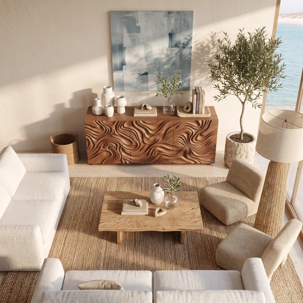 Contemporary Sideboard Sculptural Crest Carved Doors For Modern Living Room