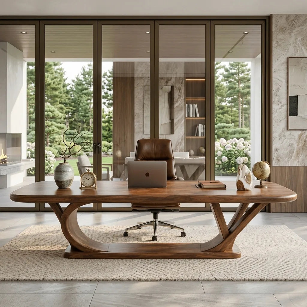 Contemporary Wooden Desk With Sculptural Leg Base For Workspace