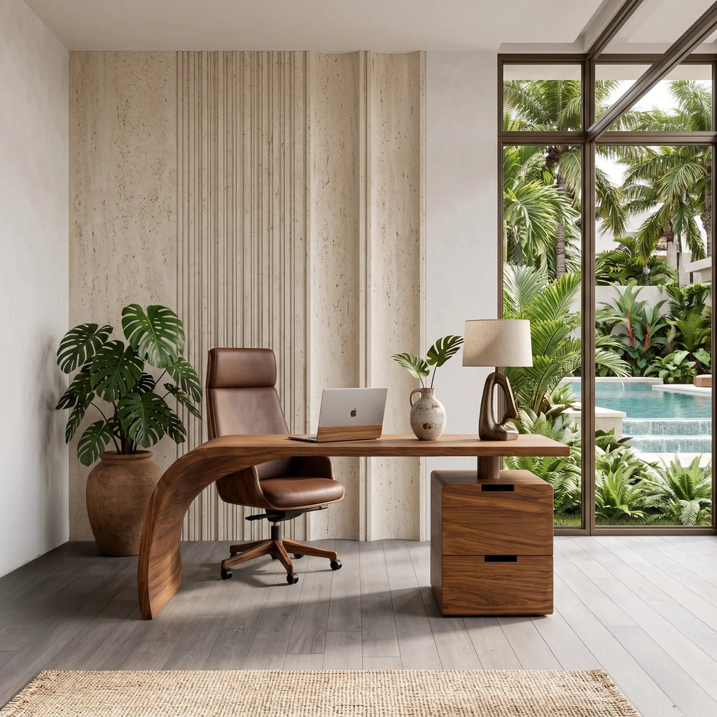 Contemporary Wooden Desk With Curved Waterfall Base For Home Office